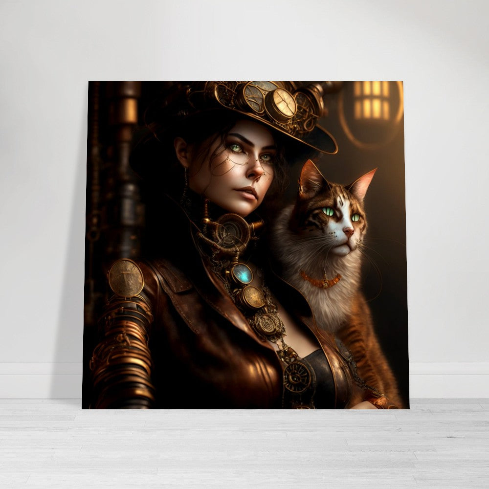 Steampunk Poster - Premium Semi-Glossy Paper Poster, Female & Cat, Perfect Gift