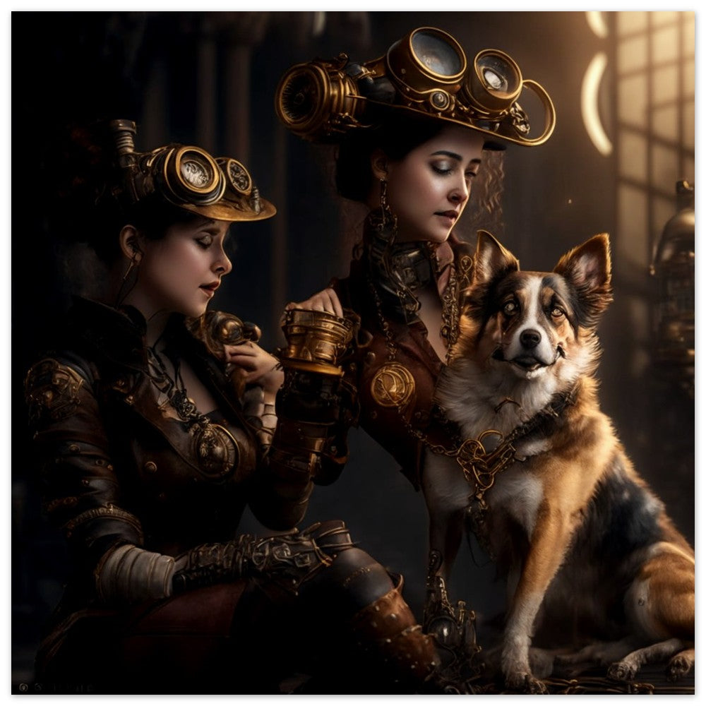 Steampunk Poster - Premium Semi-Glossy Paper Poster, Women & Dog, Perfect Gift