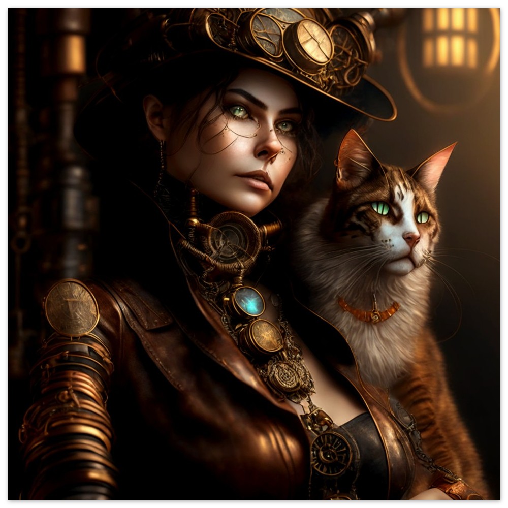 Steampunk Poster - Premium Semi-Glossy Paper Poster, Female & Cat, Perfect Gift