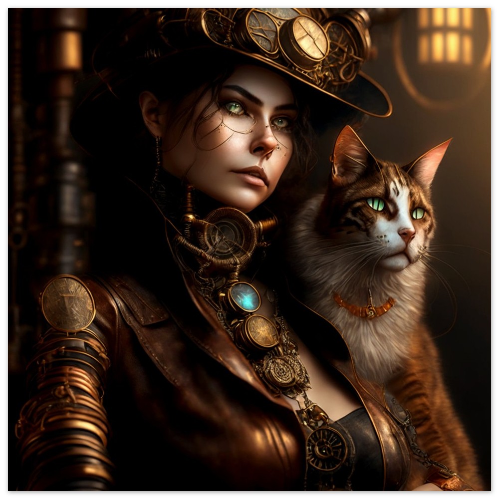 Steampunk Poster - Premium Semi-Glossy Paper Poster, Female & Cat, Perfect Gift