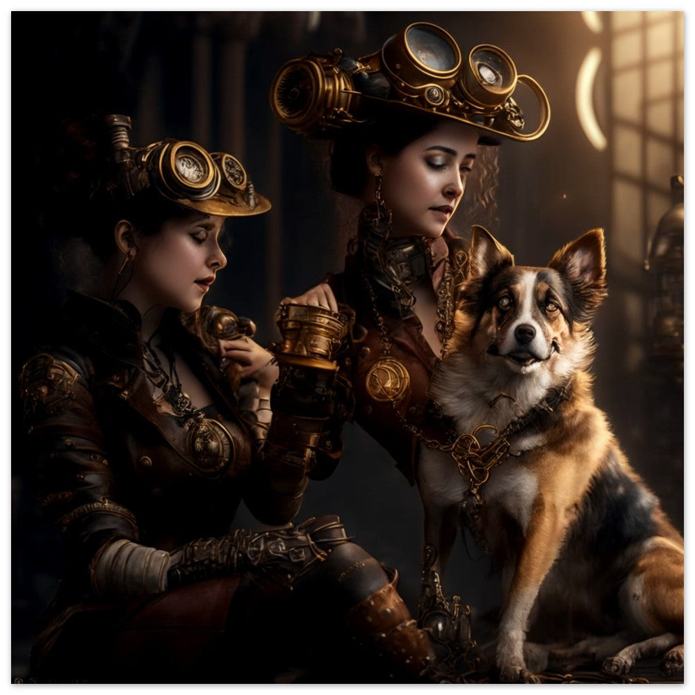 Steampunk Poster - Premium Semi-Glossy Paper Poster, Women & Dog, Perfect Gift