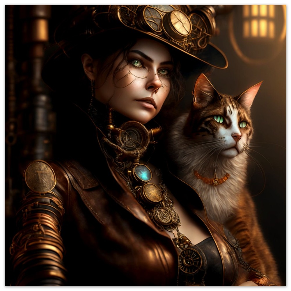 Steampunk Poster - Premium Semi-Glossy Paper Poster, Female & Cat, Perfect Gift